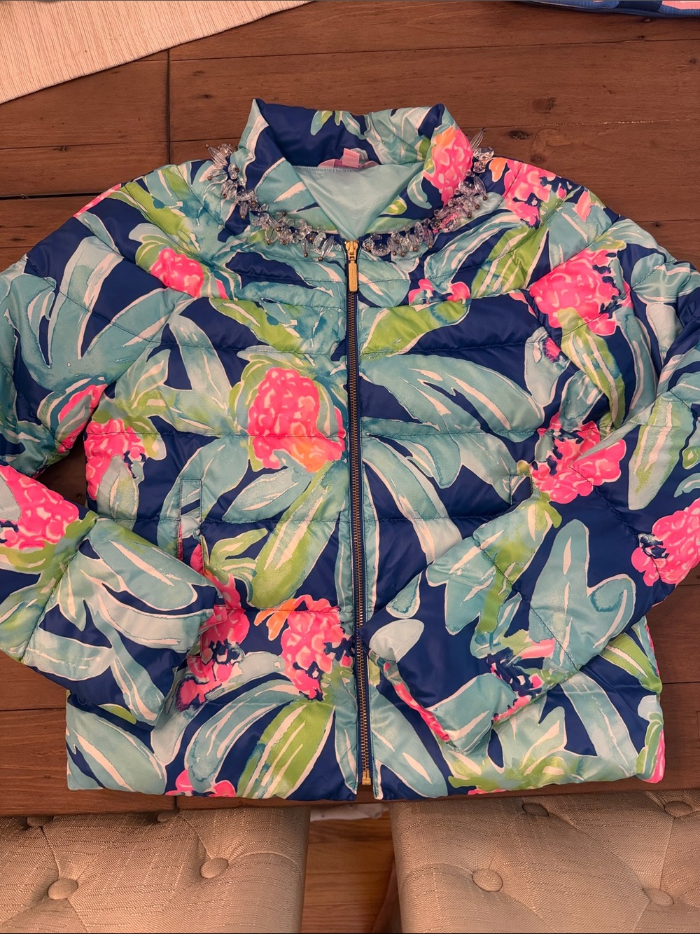 Lilly Pulitzer Puffer Down Jacket Carolena Ikat Blue Island Exotic size Small